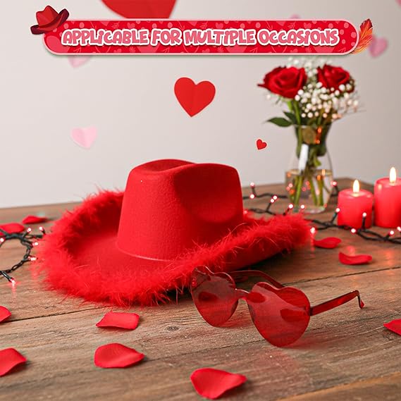 4E's Novelty Cowgirl Hat with Feathers & Heart Sunglasses - Felt, Women's Costume