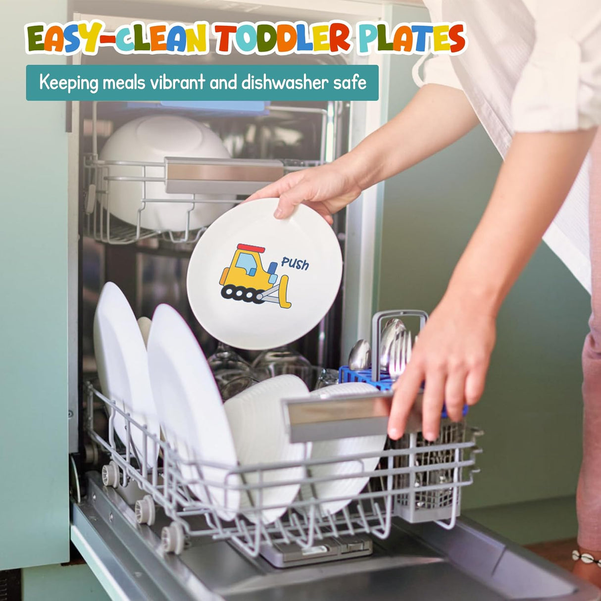 4E's Novelty 4 Melamine Kids Plate Set for Boys, Truck Theme Plate