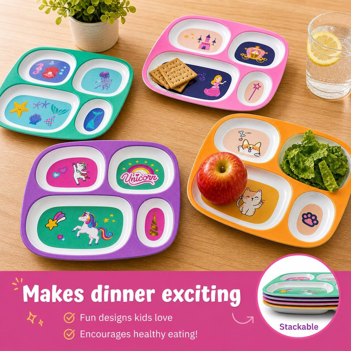 4 Kids Melamine Plates - Divided, BPA Free, Fun Themes