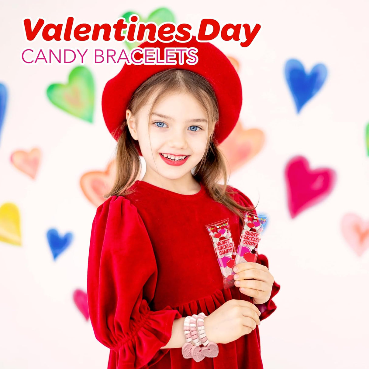 4E's Novelty 30 Packs Heart Candy Bracelet, Valentine Candies Bracelets Individually Wrapped