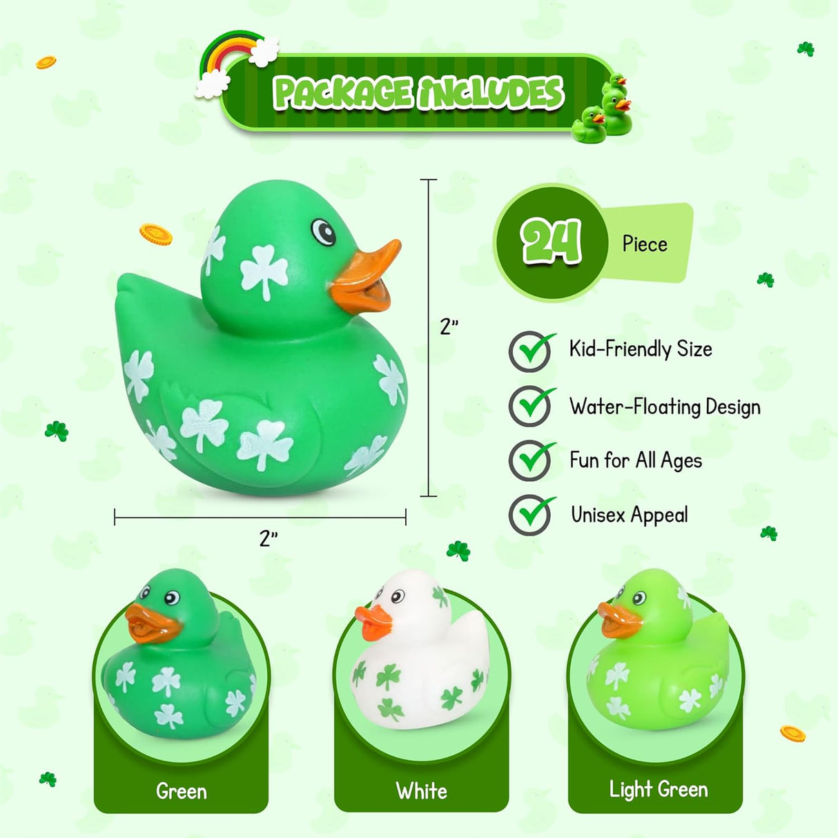 4E's Novelty 24 Pcs St. Patrick's Day Rubber Ducks – Shamrock Duckies Bulk Party Favors for Kids