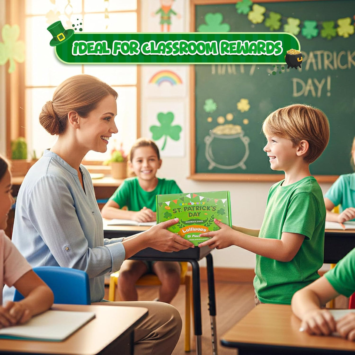 4E's Novelty 24 Pack Green Apple St. Patrick's Day Shamrock Lollipops