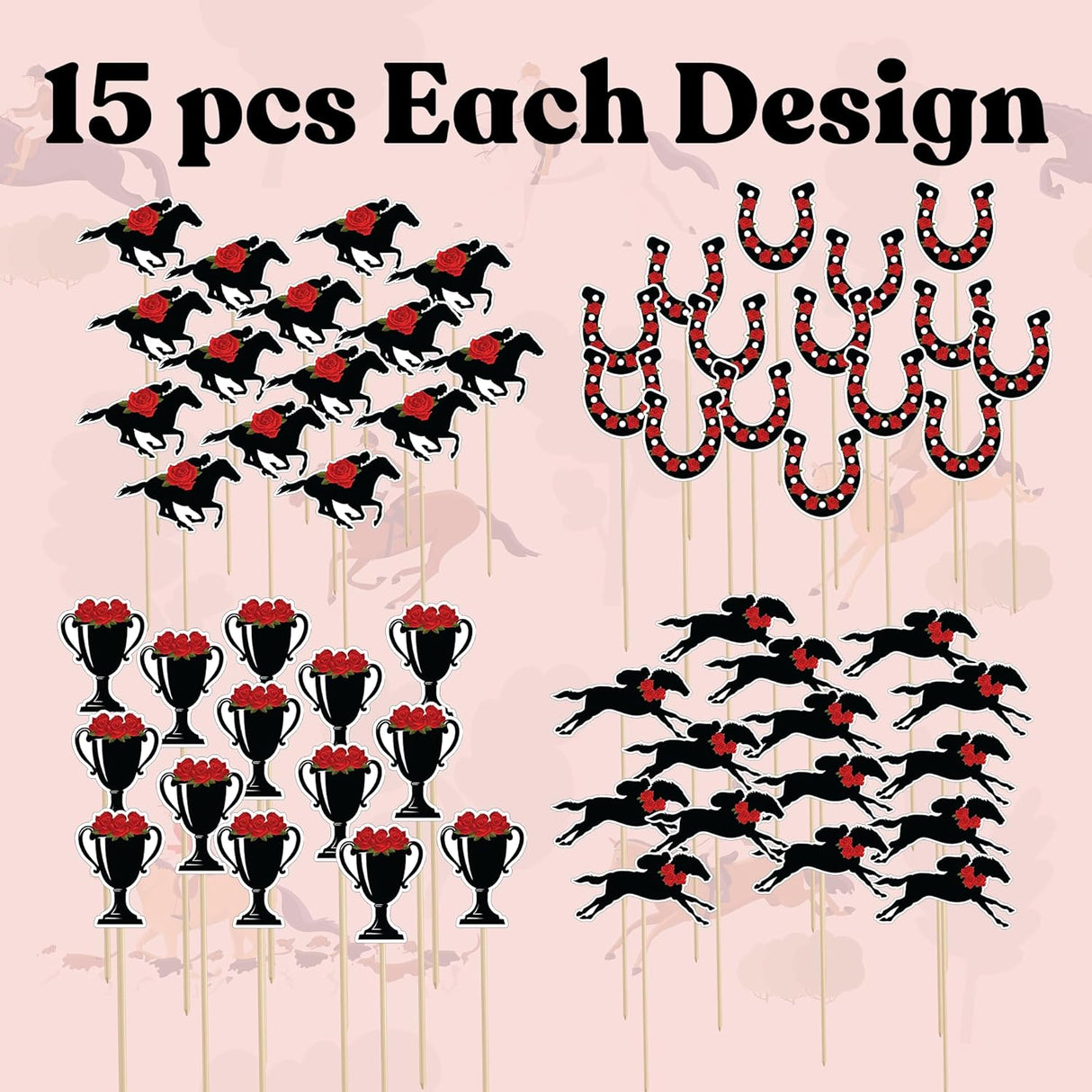 4E's Novelty Horse Racing Derby Toppers Picks 60 Pack – Kentucky Derby Party Toothpicks for Cupcakes, Appetizers & Western Decorations