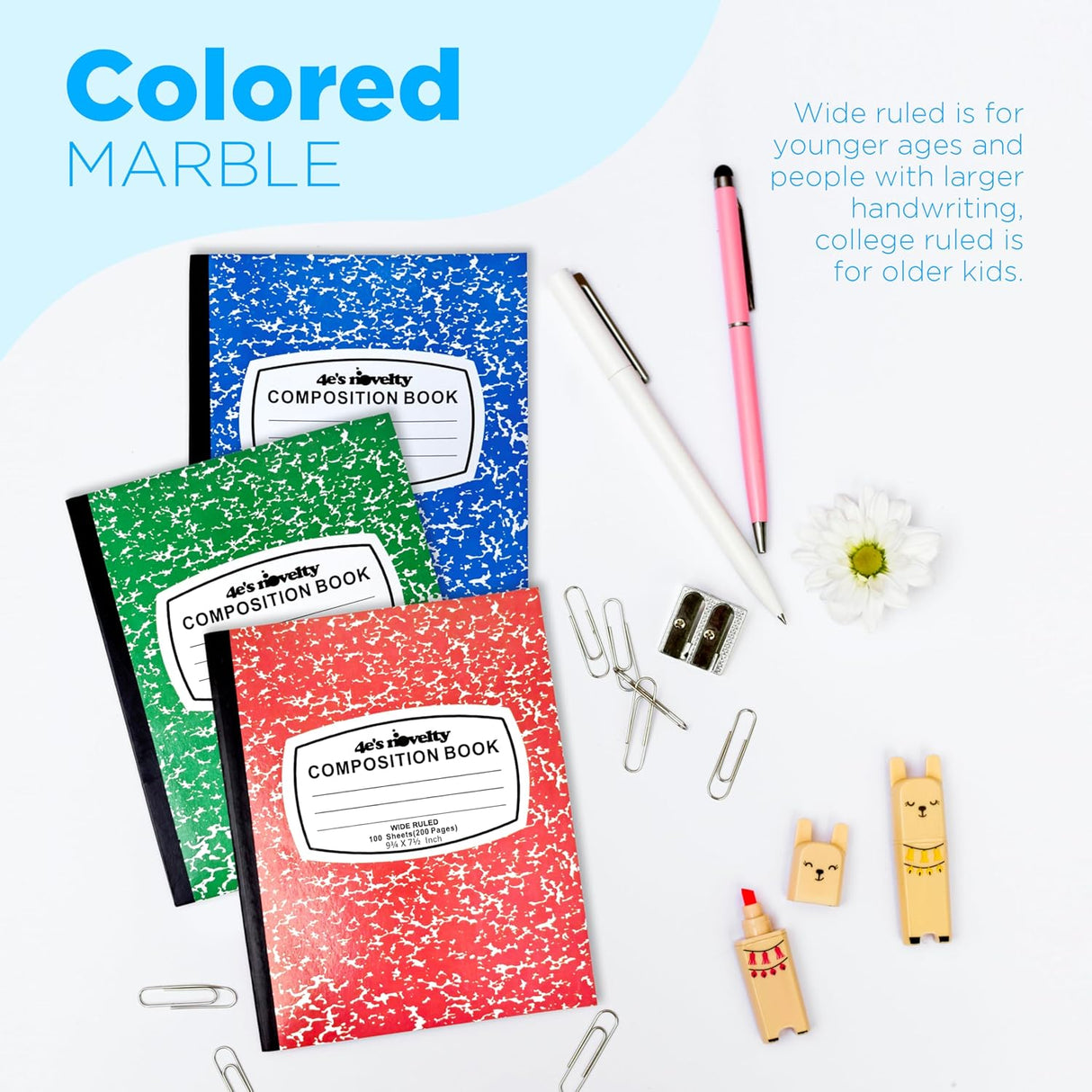 Wide Ruled Notebook Assorted Color, Marble Composition Notebook, Primary K-2, College Ruled - 3 pcs Notebooks for School