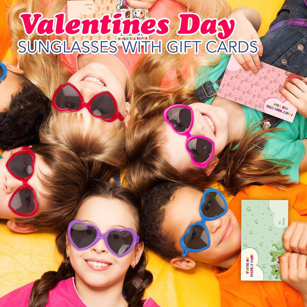 4E's Novelty 32 Pack Valentines Day Heart Glasses for Kids - Bulk With Cards