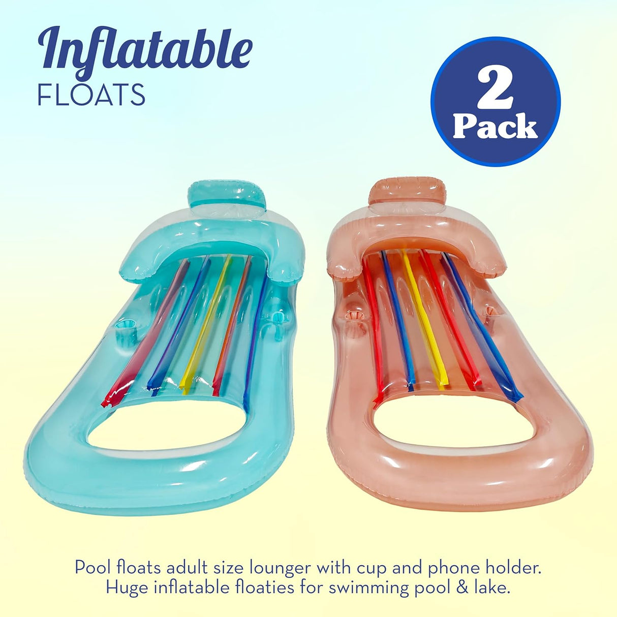 4E's Novelty 2 Pack Pool Lounger with Cup Holder - Inflatable Floats for Adults for Summer Party Favors