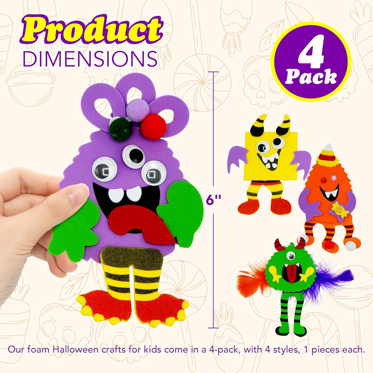 4E's Novelty Halloween Silly Monster Foam Magnet Crafts for Kids (4 Pack)