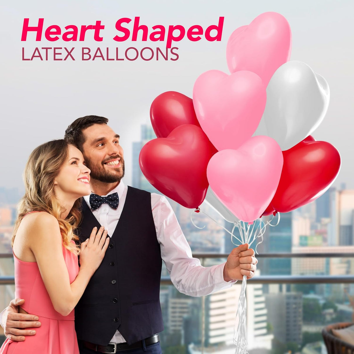 4E's Novelty 36-Pack Latex Heart Balloons – Red, Pink, White 10” Balloons for Valentines & Weddings