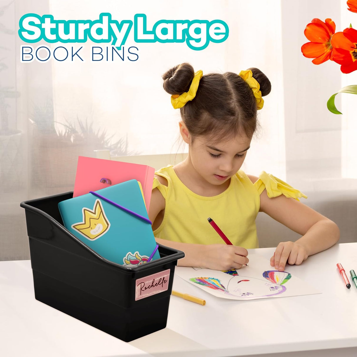 4E's Novelty 6 Pack Large Book Bin with Labels Plastic Bins for Books