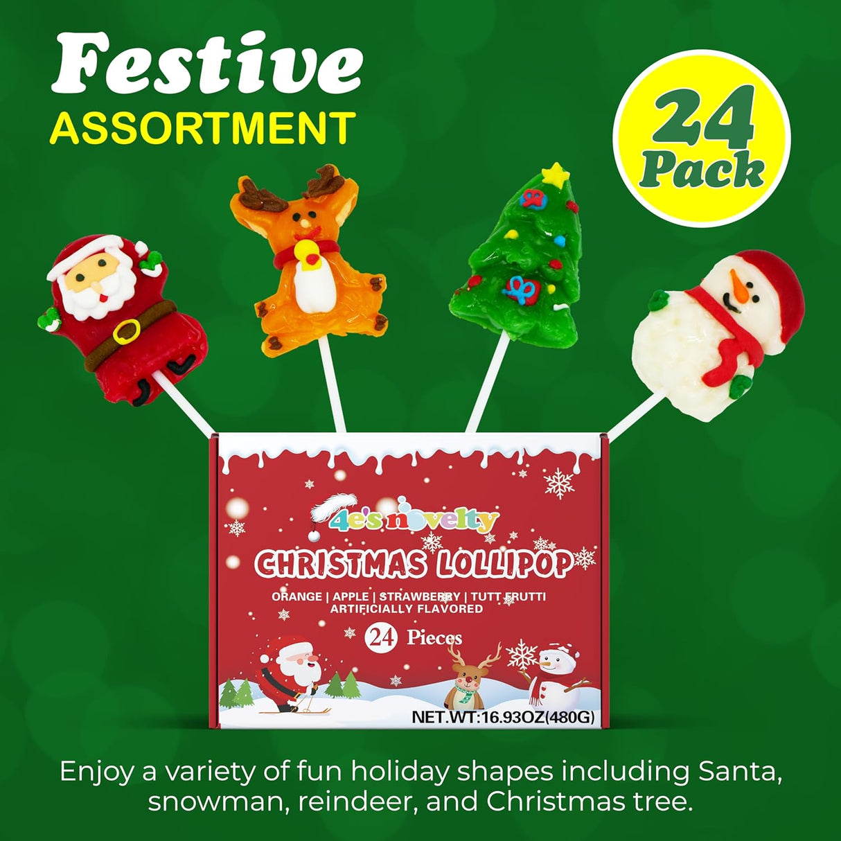 4E's Novelty 24 Pack Christmas Lollipops – Festive Wrapped Candy Pops