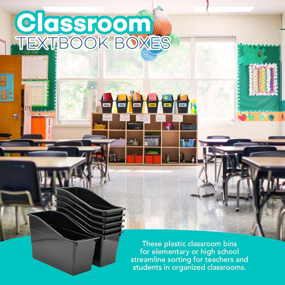 4E's Novelty 6 Pack Large Book Bin with Labels Plastic Bins for Books