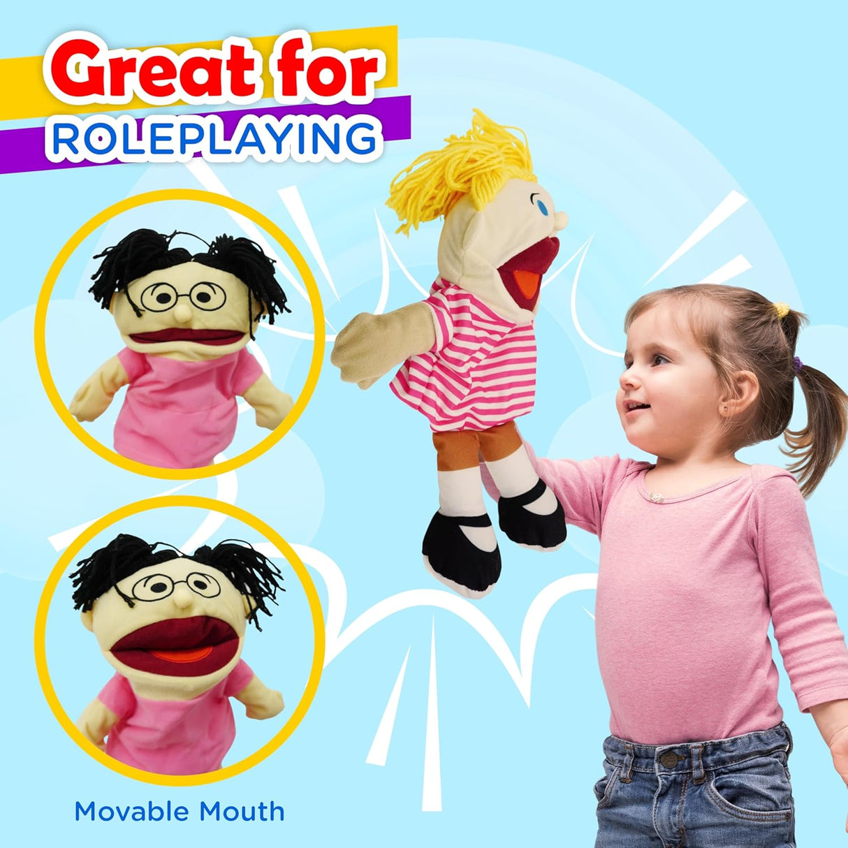 4E’s Hand Puppets for Kids 8-Pack – Movable Mouth, Plush Puppet Show Fun