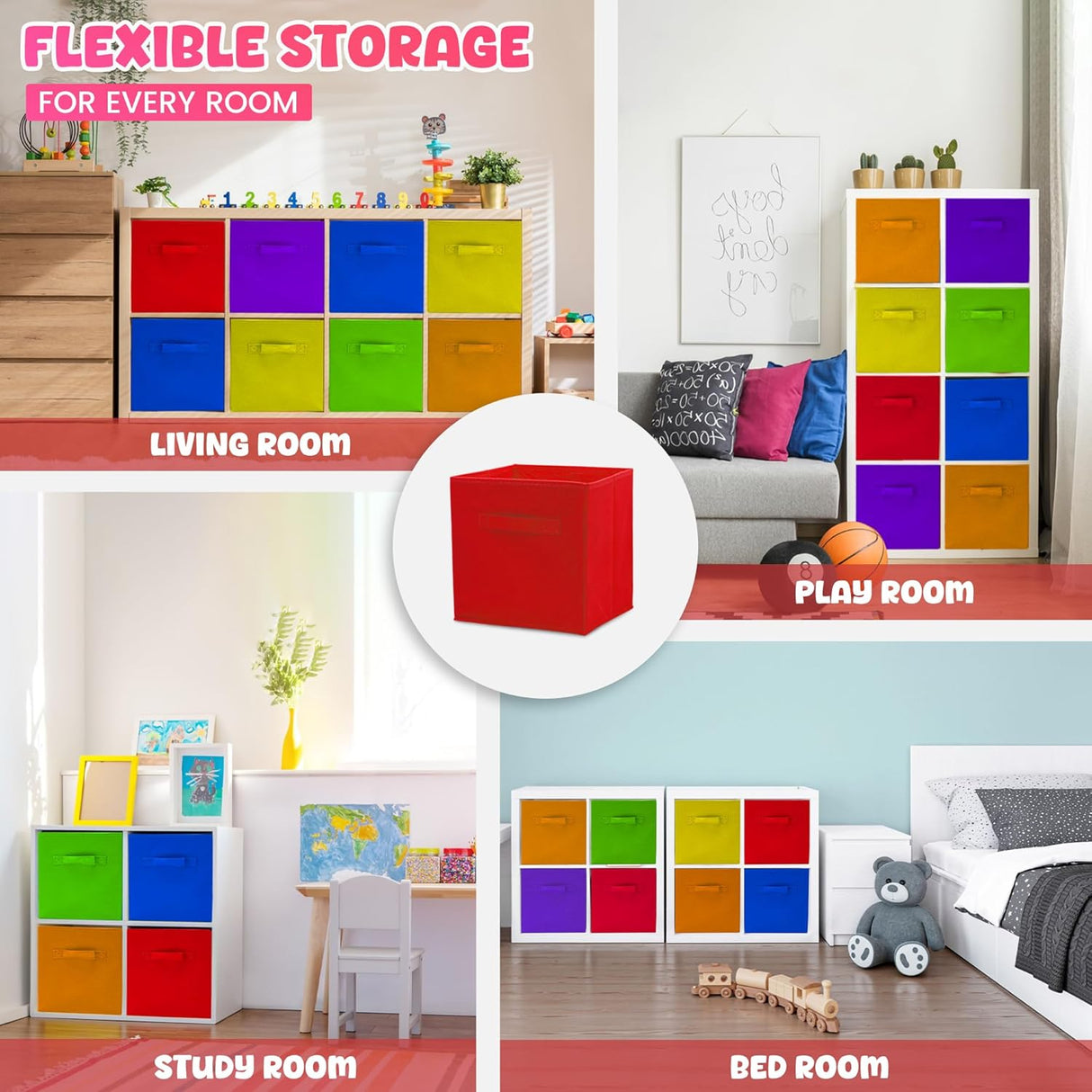 4E's Novelty 6 Packs 11 Inch Rainbow Color Storage Foldable Cube Bins, Colorful Storage Baskets