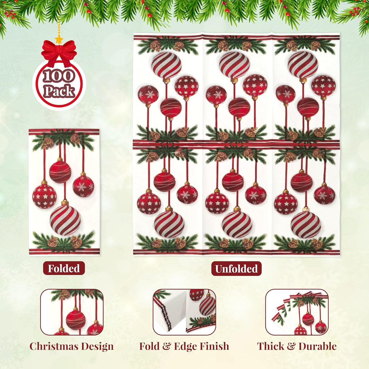 4E's Novelty 100-Pack Christmas Ornament Napkins, 3-Ply Soft Disposable Christmas Dinner Napkin
