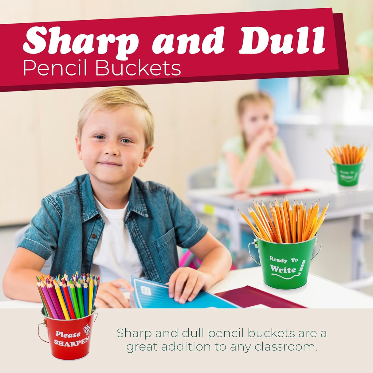 4E's Sharp & Dull Pencil Buckets Set – Metal Classroom Organizer
