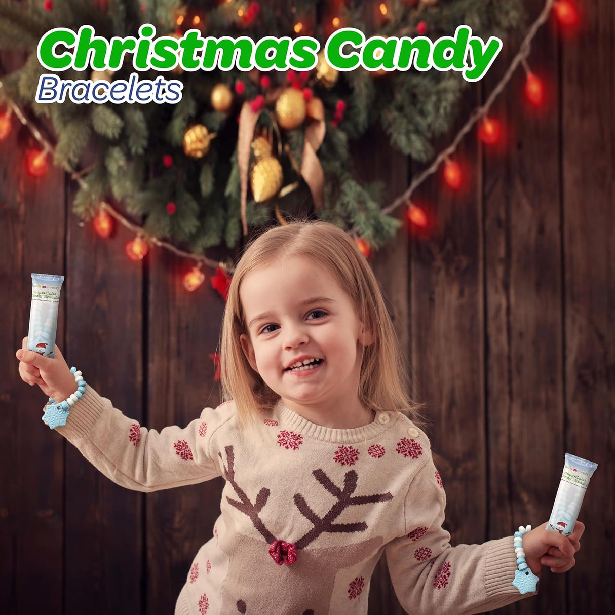 4E's Novelty Christmas Candy Bracelets - 30-Pack Christmas Shapes Stretchable Bulk Candies