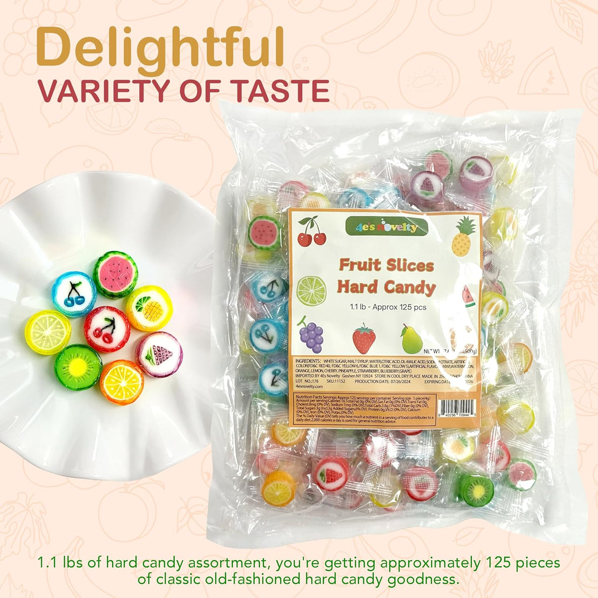 4E's Novelty Fruit Slices Candy – 1.1 lb Bulk Bag of Individually Wrapped Old-Fashioned Hard Candy (125 pcs)
