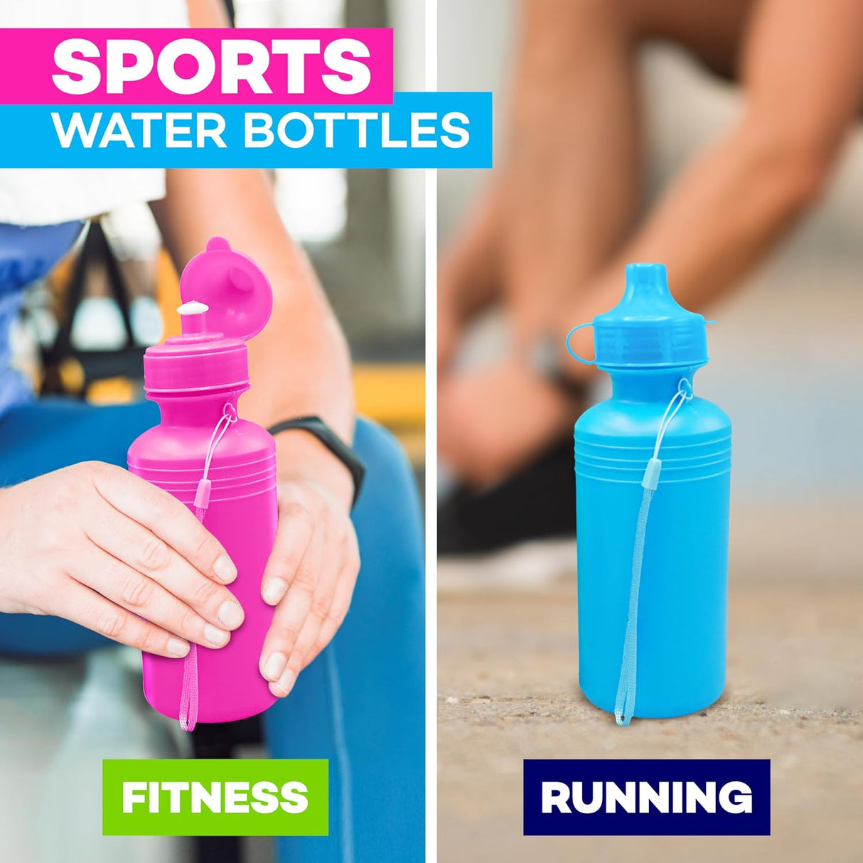 4E's Novelty 22 Pack Water Sports Bottles for Kids Bulk, 18 oz Squeeze Reusable Plastic Neon Colors BPA Free Bike Water Bottles, Party Favor, End of Year Student Gifts from Teacher