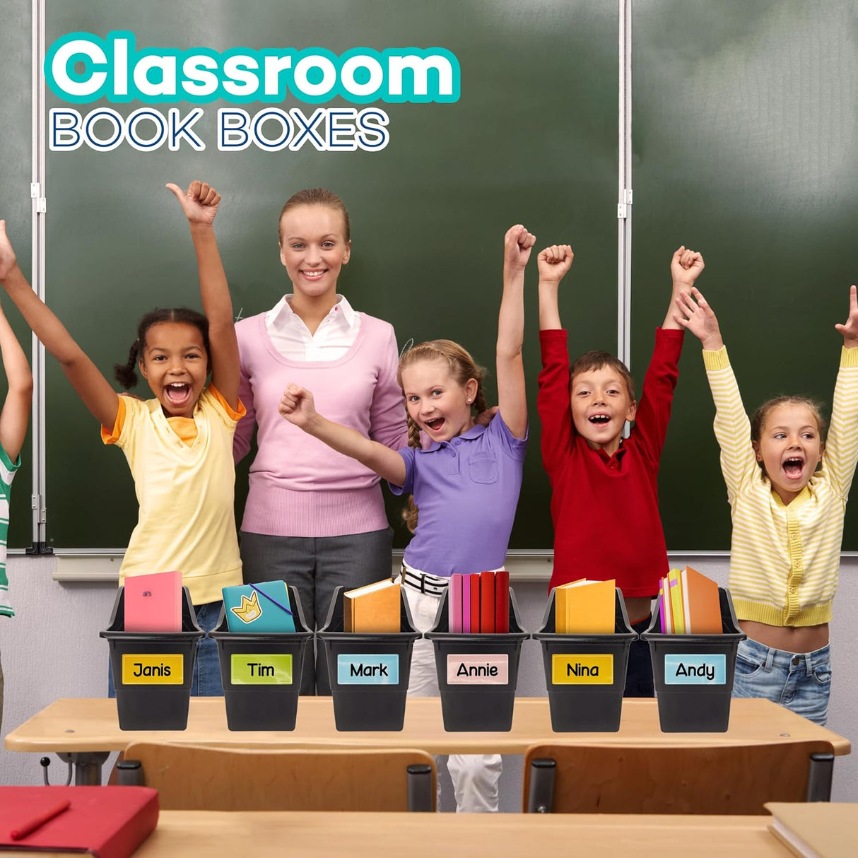 4E's Novelty 6 Pack Large Book Bin with Labels Plastic Bins for Books