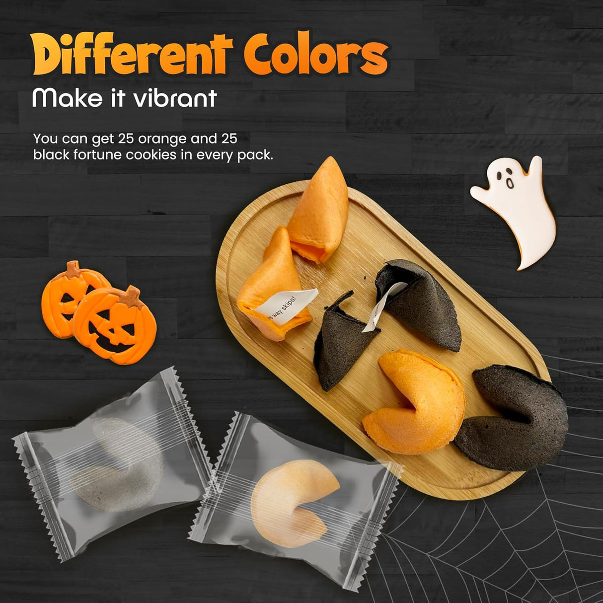 4E's Novelty Halloween Fortune Cookies Bulk - 50 Individually Wrapped Vanilla Cookie