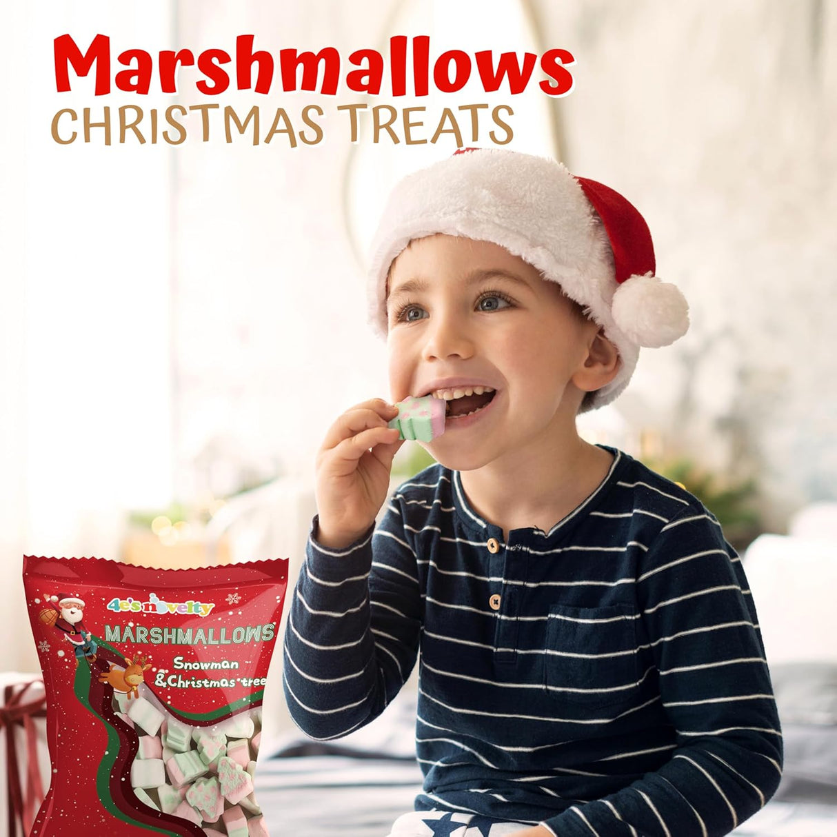 4E's Novelty Sweet Christmas Shaped Marshmallows - 65pcs Soft Assorted Xmas Marshmallows in Fun Snowman Marshmallow