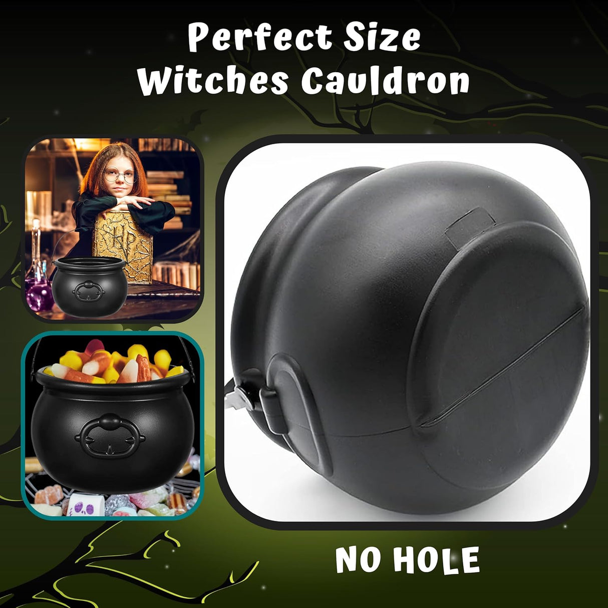 4E's Novelty Black Plastic Cauldrons Bulk - 12 Mini & 1 Large 7.4" Perfect Halloween Black Cauldron