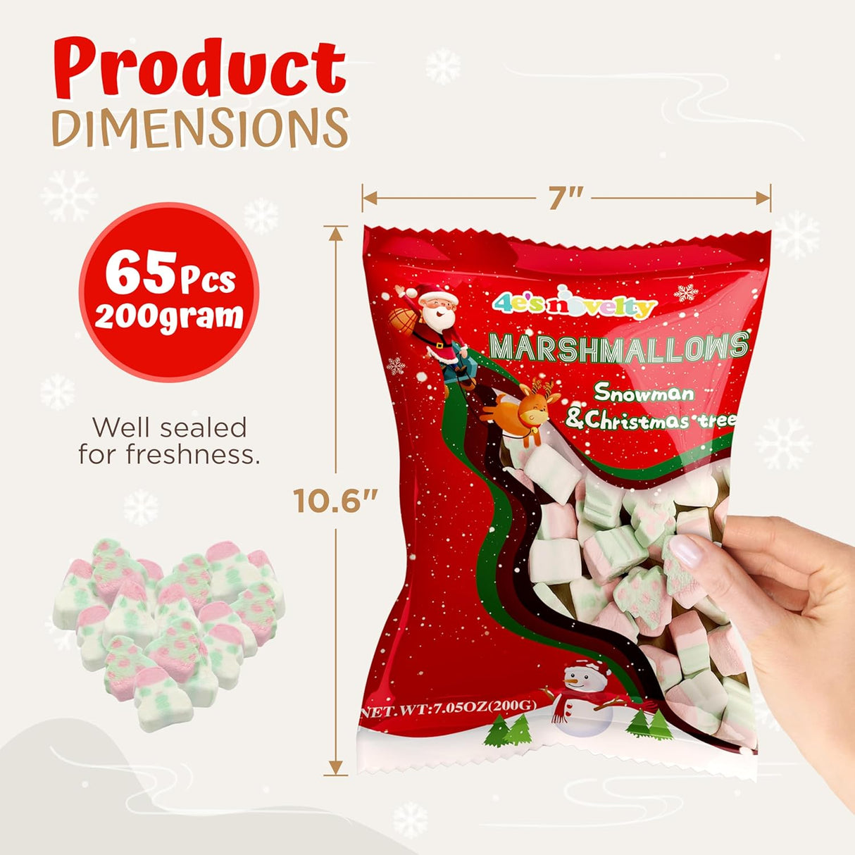 4E's Novelty Sweet Christmas Shaped Marshmallows - 65pcs Soft Assorted Xmas Marshmallows in Fun Snowman Marshmallow