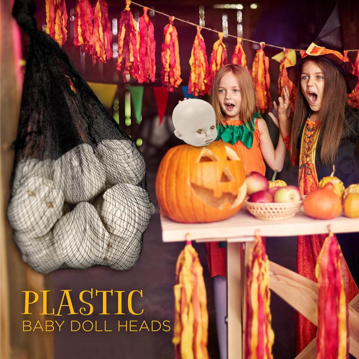 4E's Novelty Doll Heads Halloween Decorations, 12 Pcs Baby Doll Heads in Mesh Bag, 3.5" Baby Doll Heads for Halloween Perfect Decor