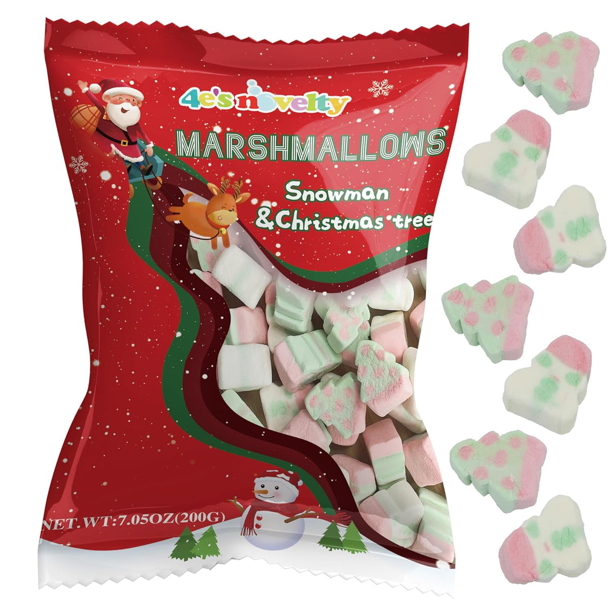 4E's Novelty Sweet Christmas Shaped Marshmallows - 65pcs Soft Assorted Xmas Marshmallows in Fun Snowman Marshmallow