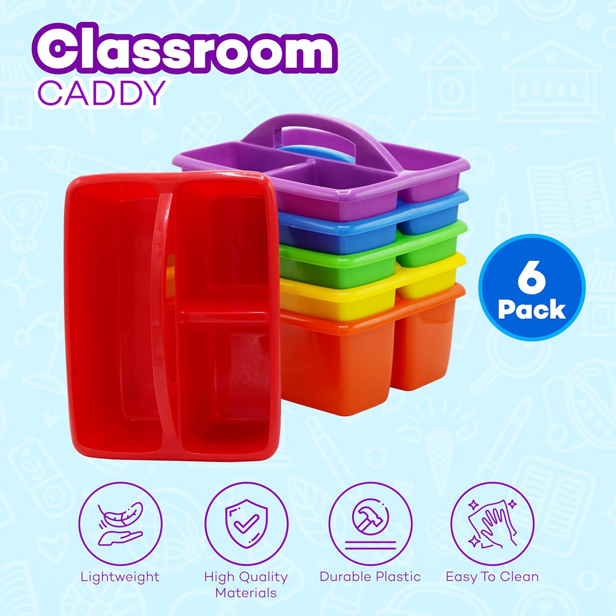 4E’s Novelty Classroom Caddy Set of 6, Plastic Caddies for Lectureroom , Caddy Organizer with Handle