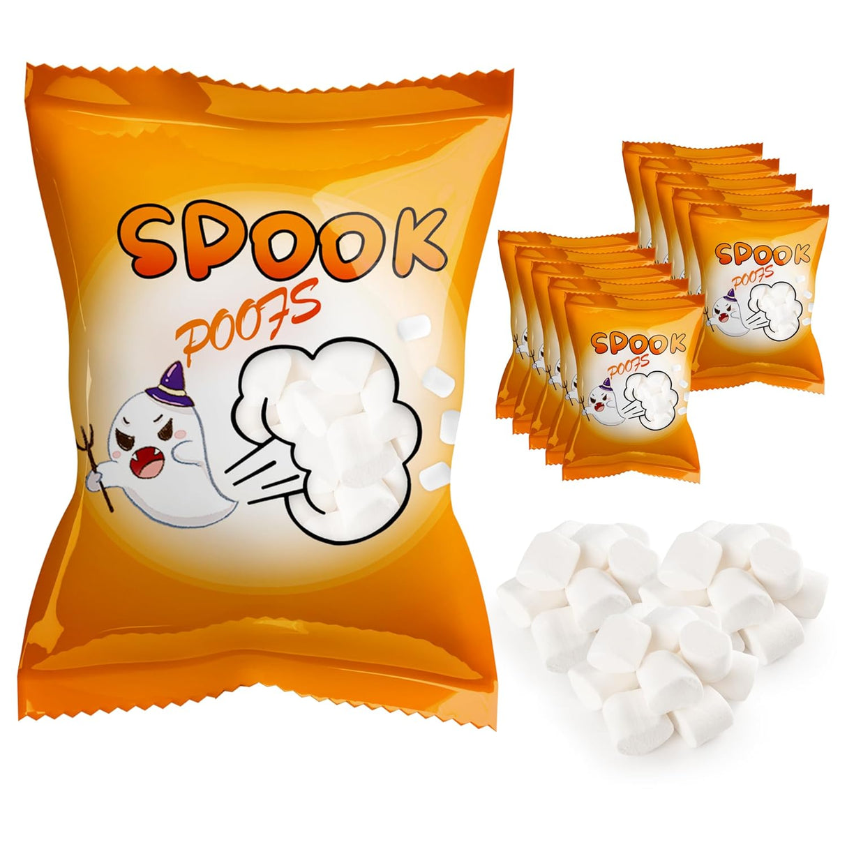 4E's Novelty 24 Pack Mini Marshmallows Indvidually Wrapped, Spook Poofs, Vanilla Flavor - Halloweens Candy Individually Wrapped for Kids in Bulk