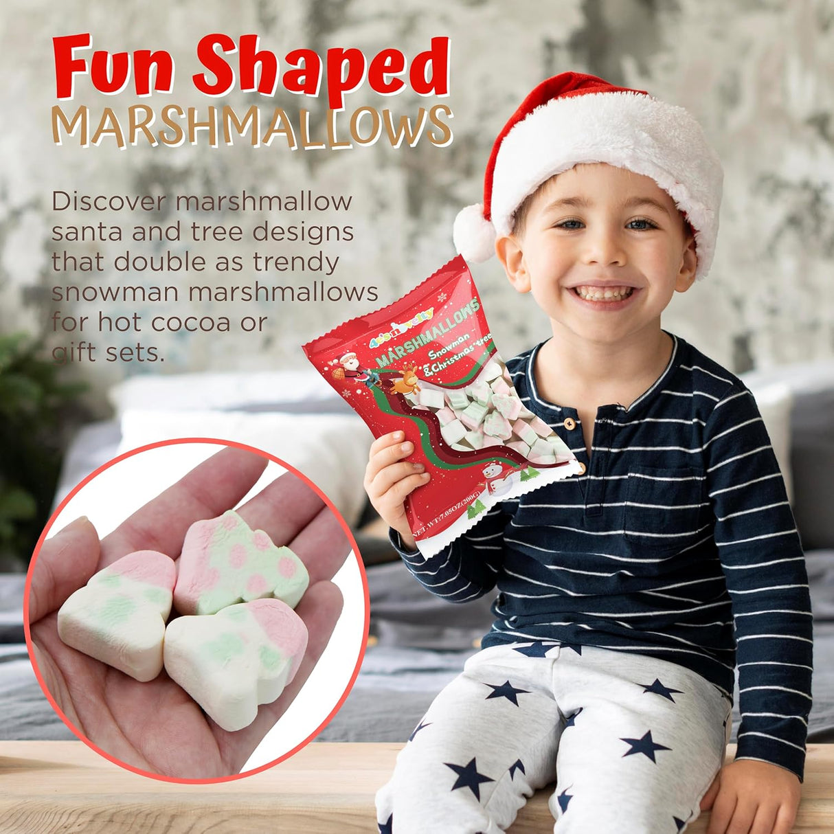 4E's Novelty Sweet Christmas Shaped Marshmallows - 65pcs Soft Assorted Xmas Marshmallows in Fun Snowman Marshmallow