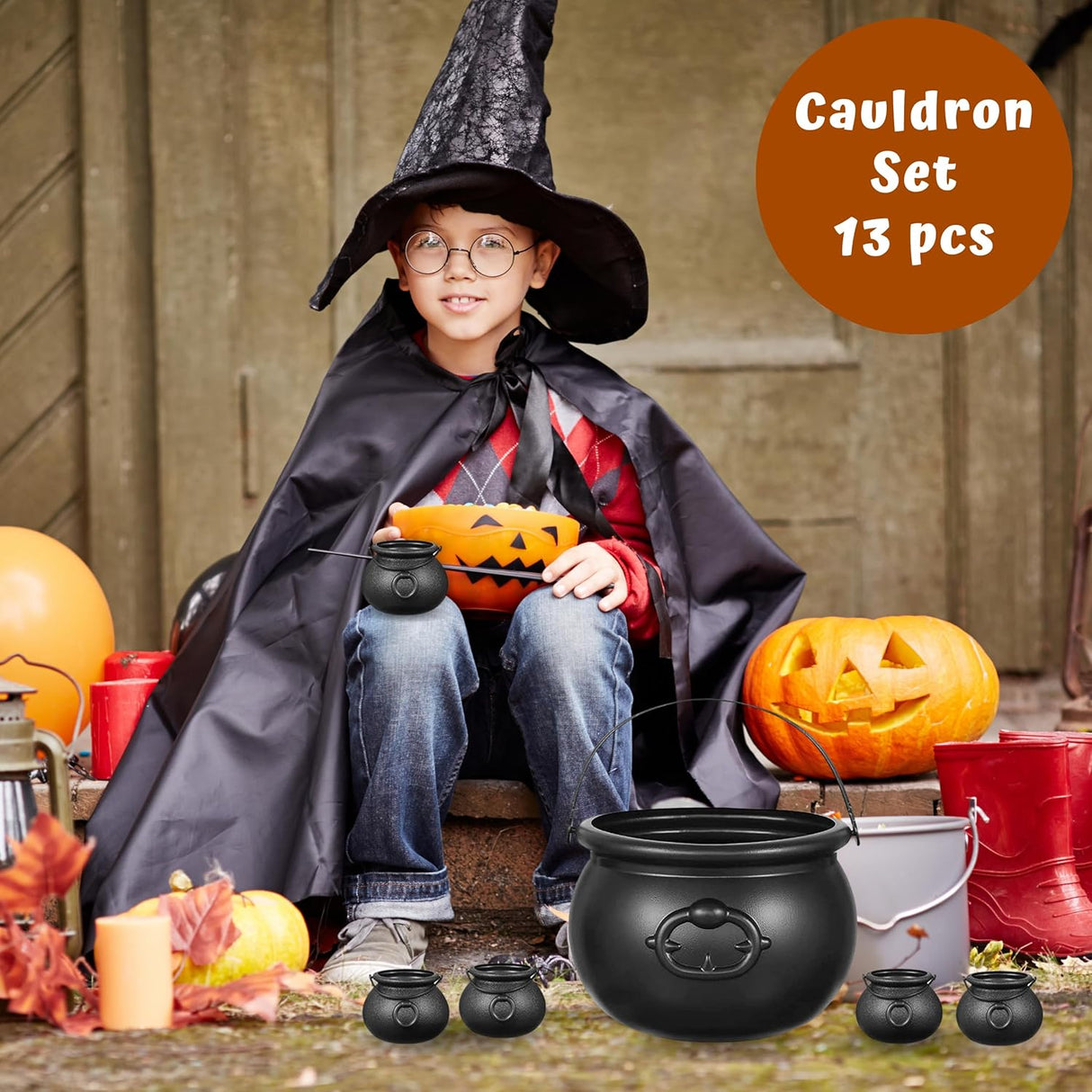 4E's Novelty Black Plastic Cauldrons Bulk - 12 Mini & 1 Large 7.4" Perfect Halloween Black Cauldron