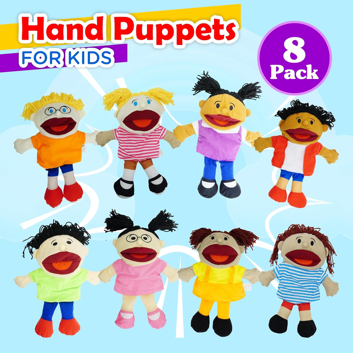 4E’s Hand Puppets for Kids 8-Pack – Movable Mouth, Plush Puppet Show Fun