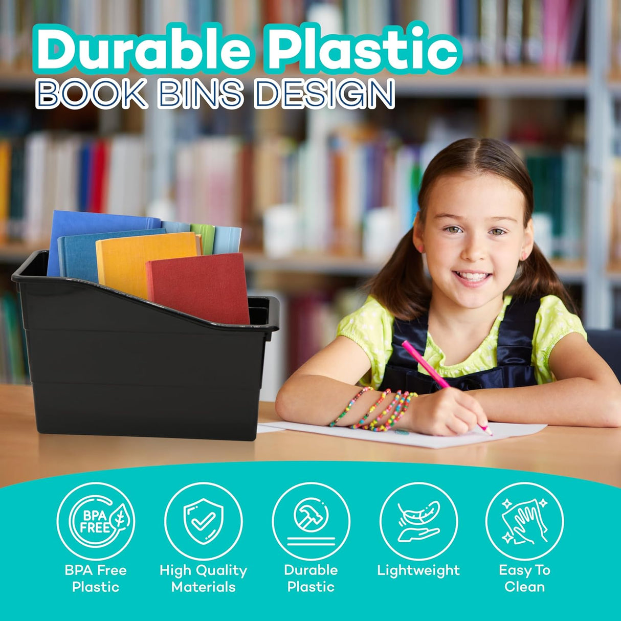 4E's Novelty 6 Pack Large Book Bin with Labels Plastic Bins for Books