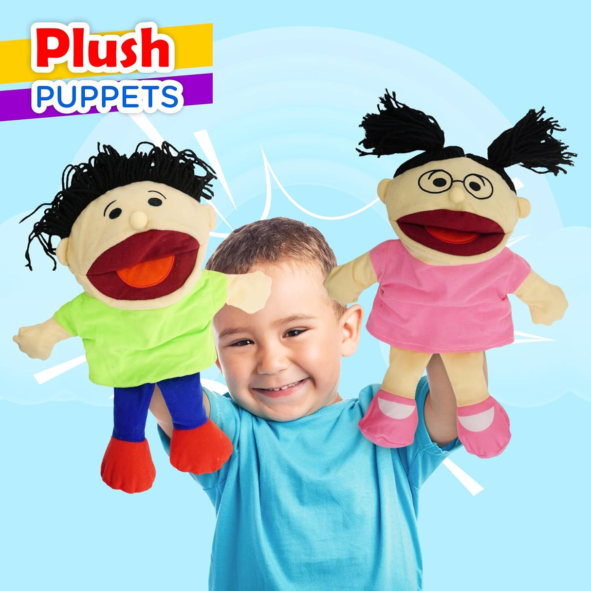 4E’s Hand Puppets for Kids 8-Pack – Movable Mouth, Plush Puppet Show Fun