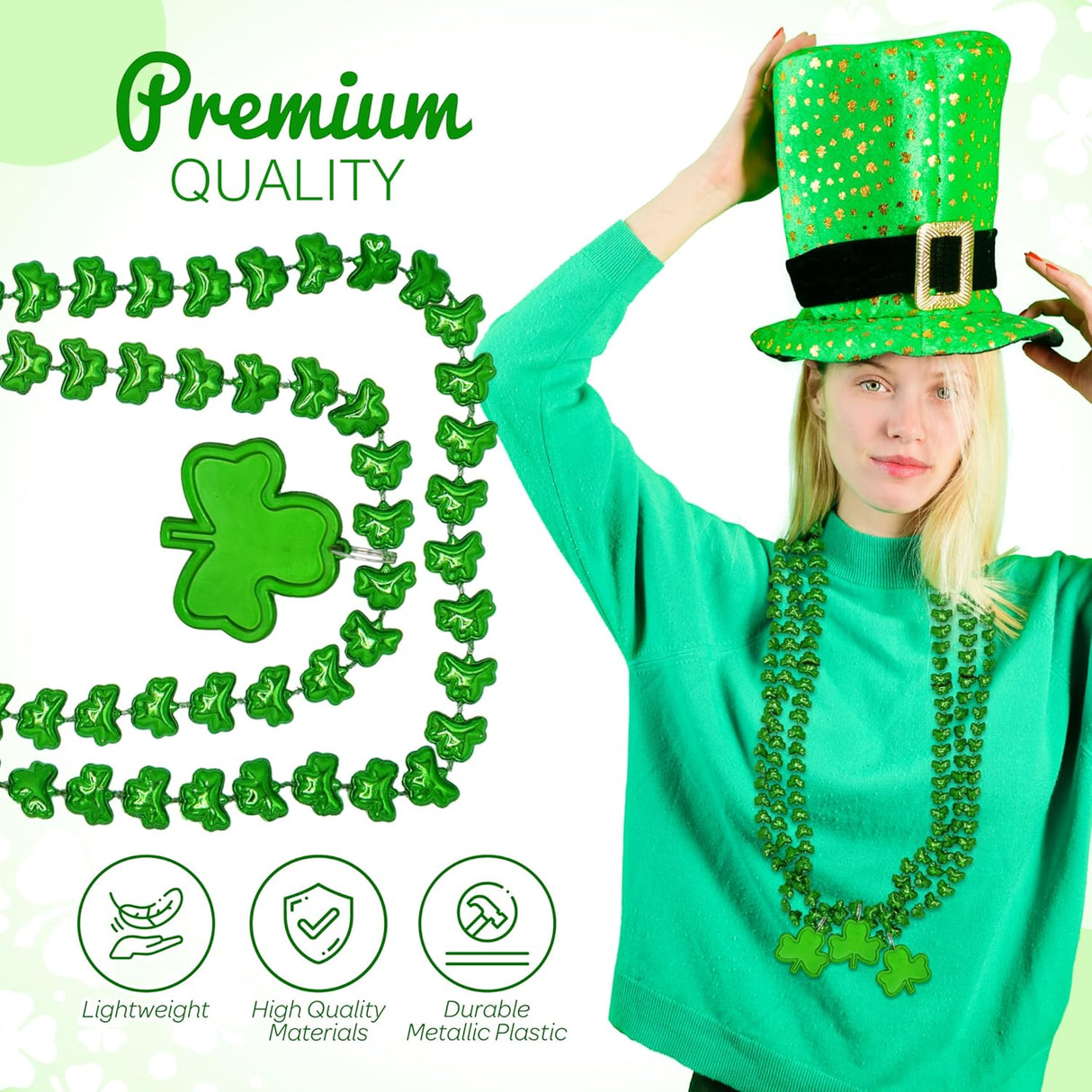 4E's Novelty 12 Pack St Patricks Day Shamrock Beads Necklace Green