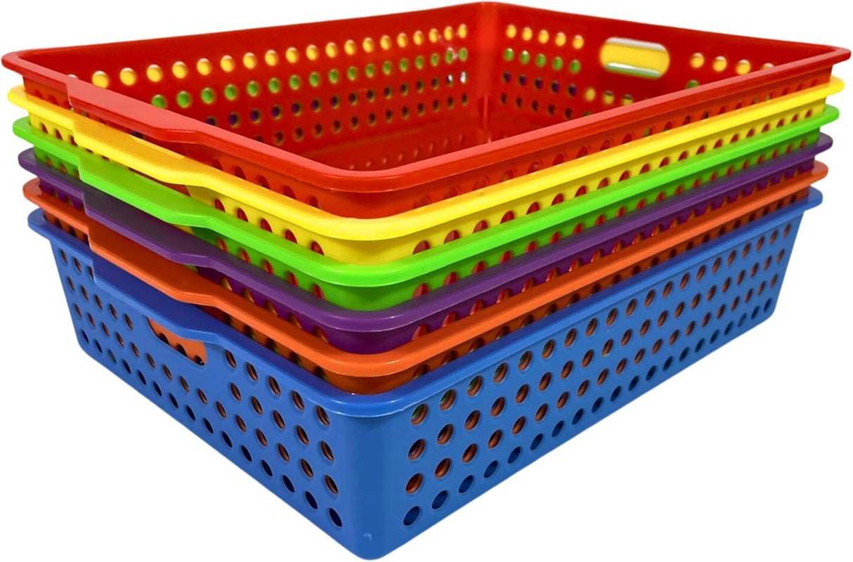 4E's Novelty Colorful Plastic Classroom Storage Bins - 13.75" x 10.25" for Organizing Papers, Pencils, Arts & Crafts, Rainbow Containers