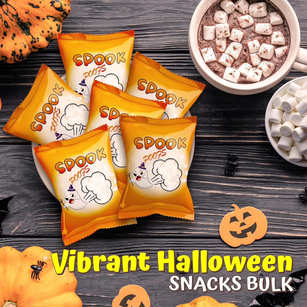 4E's Novelty 24 Pack Mini Marshmallows Indvidually Wrapped, Spook Poofs, Vanilla Flavor - Halloweens Candy Individually Wrapped for Kids in Bulk