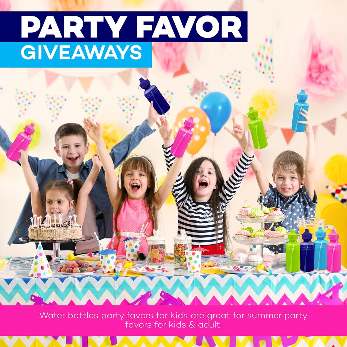 4E's Novelty 22 Pack Water Sports Bottles for Kids Bulk, 18 oz Squeeze Reusable Plastic Neon Colors BPA Free Bike Water Bottles, Party Favor, End of Year Student Gifts from Teacher