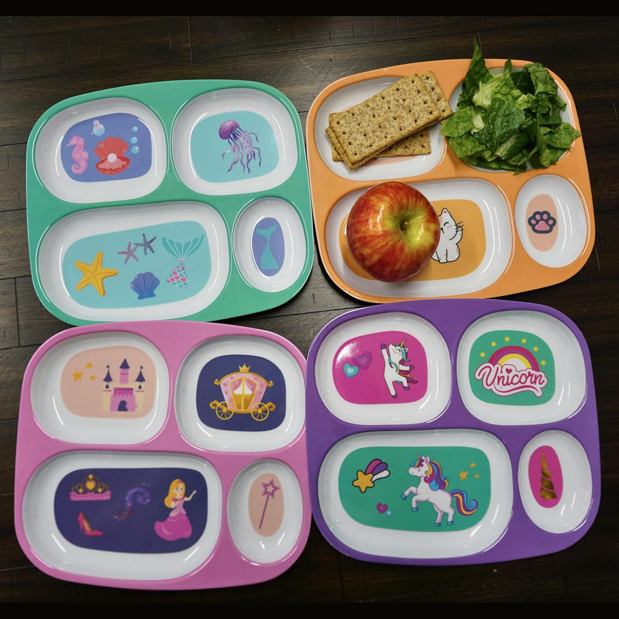 4 Kids Melamine Plates - Divided, BPA Free, Fun Themes