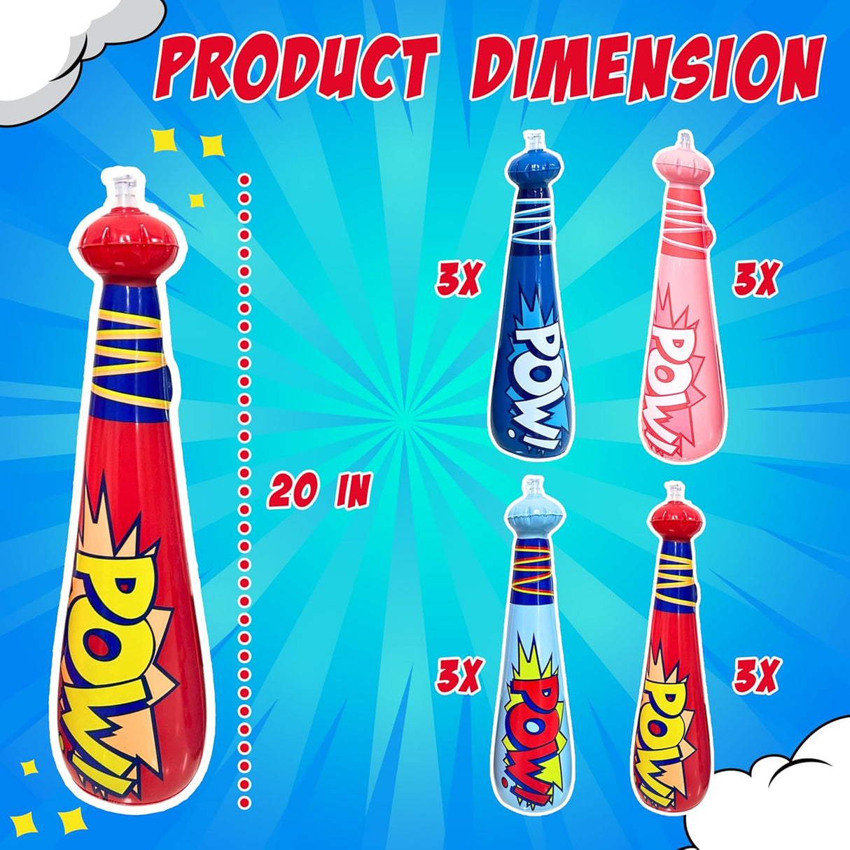 4E's Novelty 25 Piece Set Inflatable Baseball Bats With Pow Design