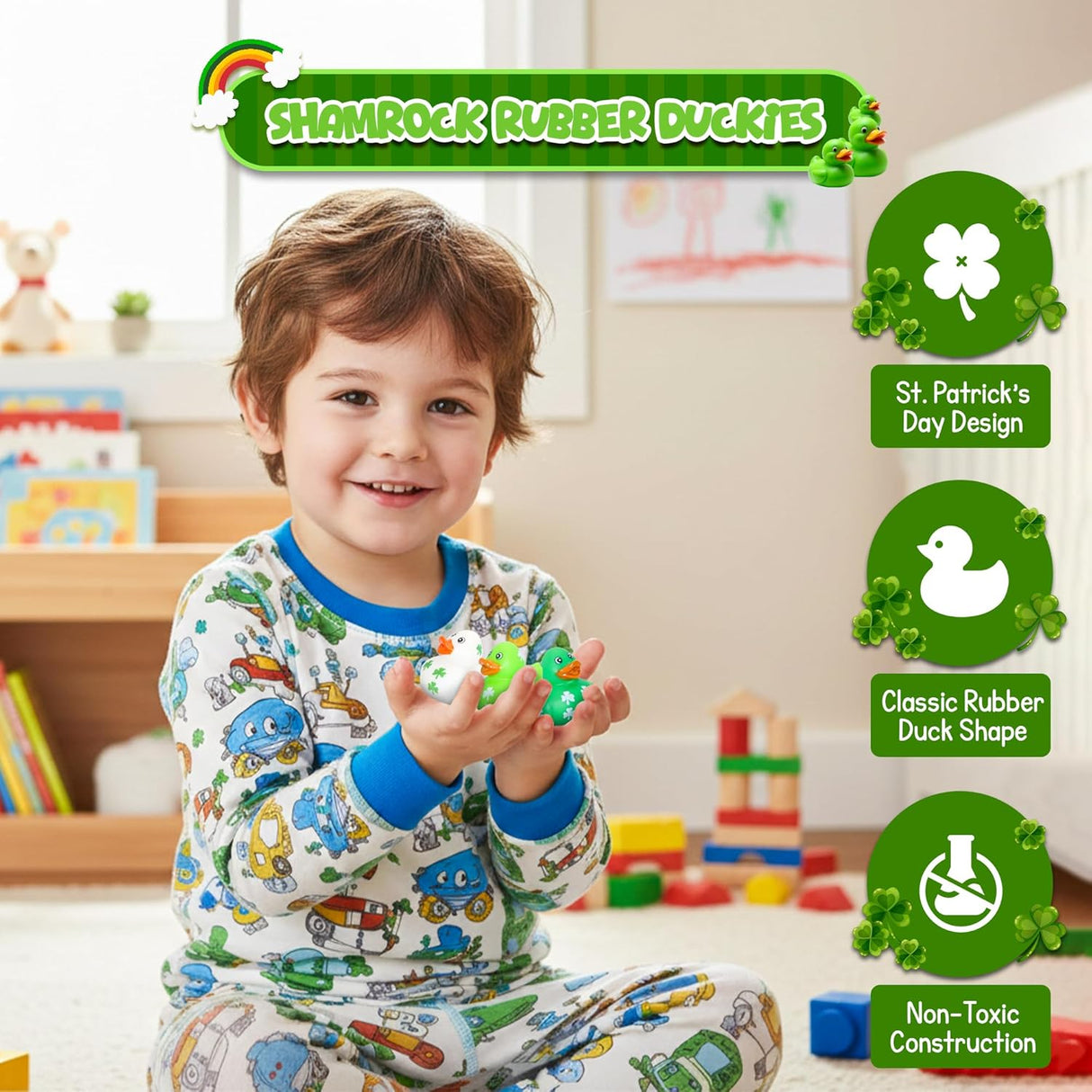 4E's Novelty 24 Pcs St. Patrick's Day Rubber Ducks – Shamrock Duckies Bulk Party Favors for Kids