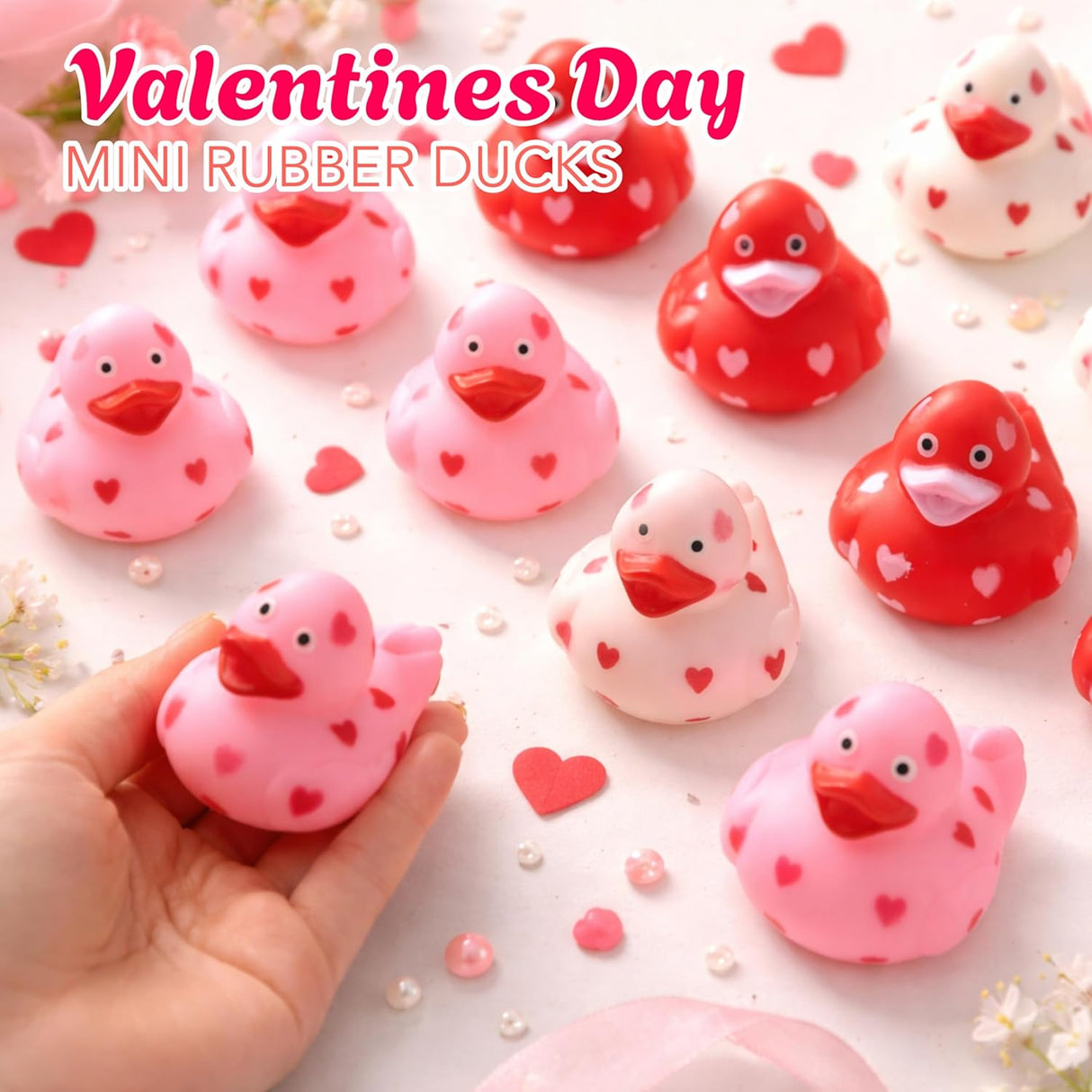 4E's Novelty 24-Pack Mini Valentines Rubber Ducks – Red Ducks with Heart Design for Party Favors