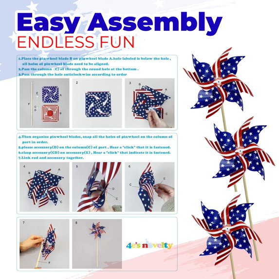 4E's Novelty Patriotic Pinwheels 12 Pack Pinwheels Bulk, 4th of July Decor, Memorial Day Decor, Patriotic Outdoor Decor