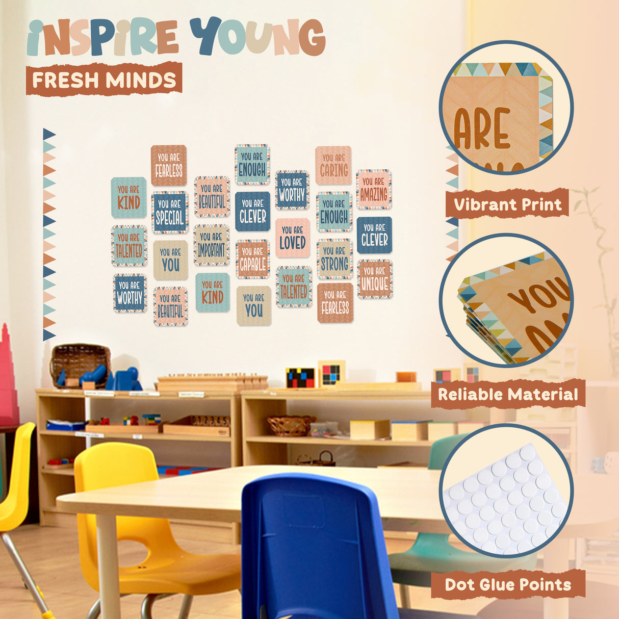 4E's Novelty 32 Pcs Boho Affirmation Wall Decor Classroom, Growth Mindset Boho Classrooms