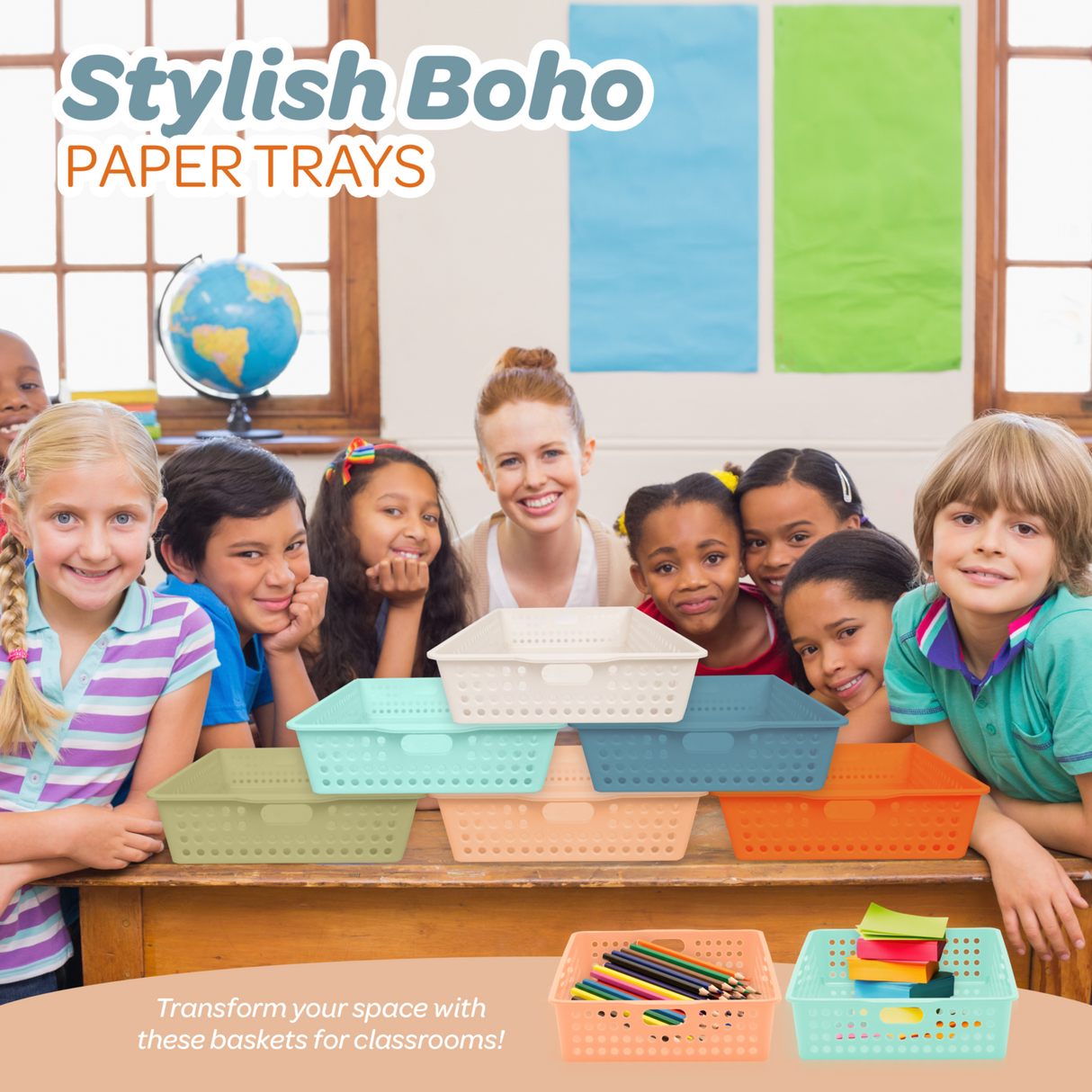 4E's Novelty 6 Pack Classroom Paper Baskets, Organizing Desk Boho Tray