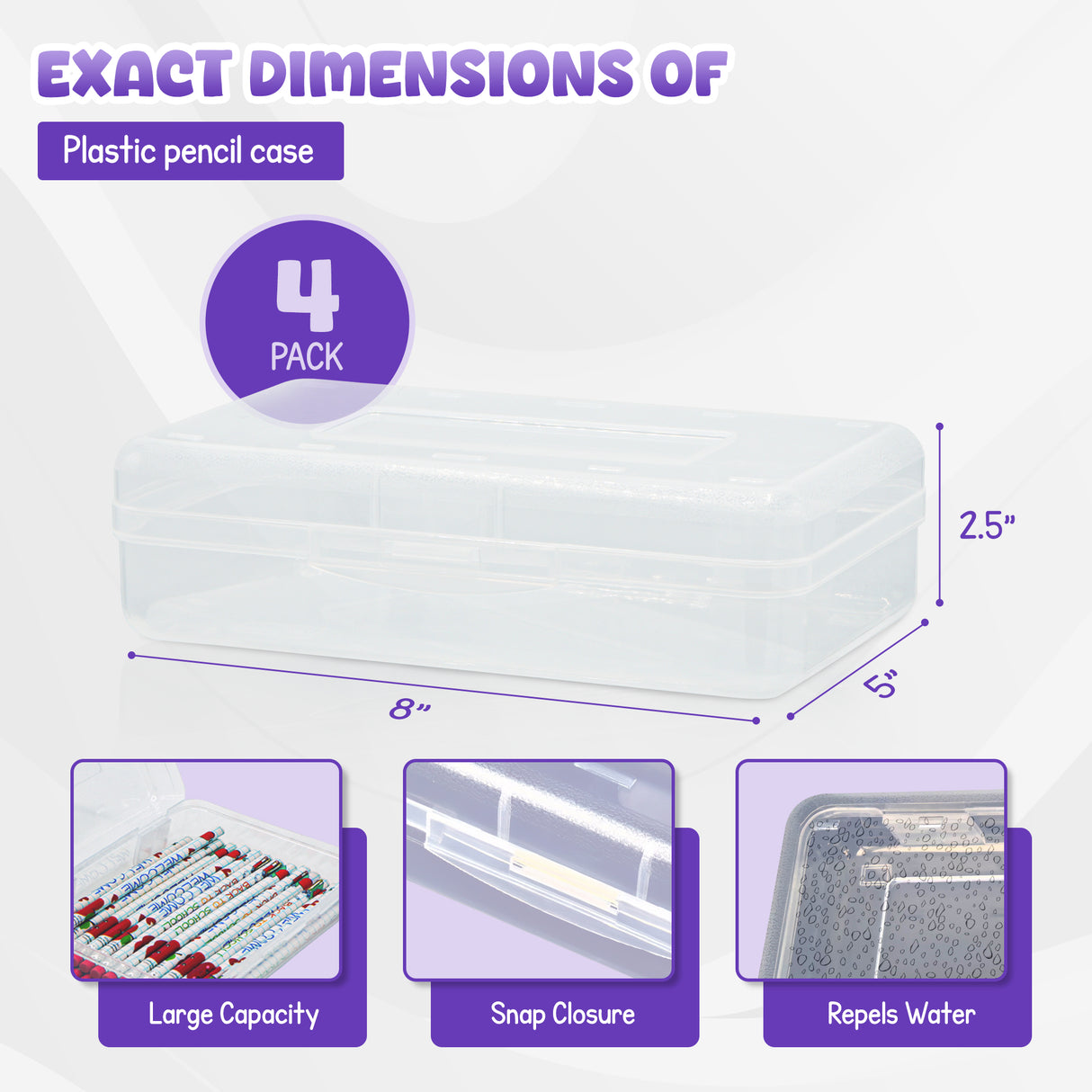 4E's Novelty 4 Pack Clear Pencil Boxes for Pencil Boxes for School