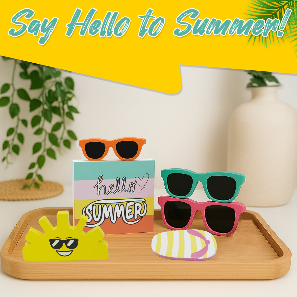 4E's Novelty 6 Pcs Summer Wooden Signs Rustic Hello Summer Wood Sign