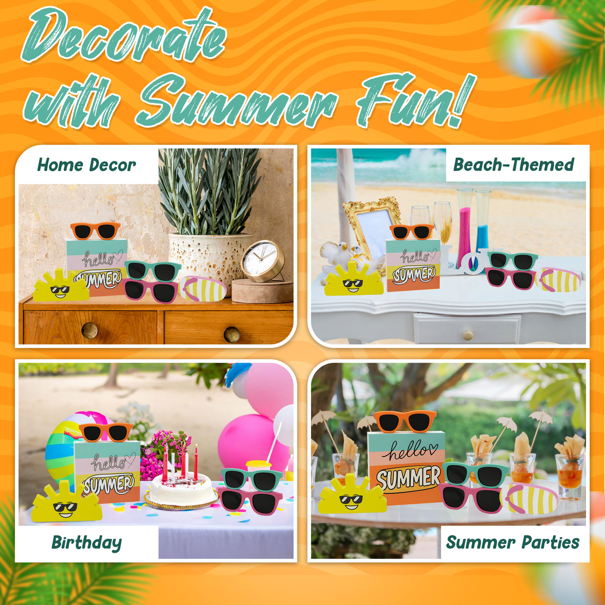 4E's Novelty 6 Pcs Summer Wooden Signs Rustic Hello Summer Wood Sign